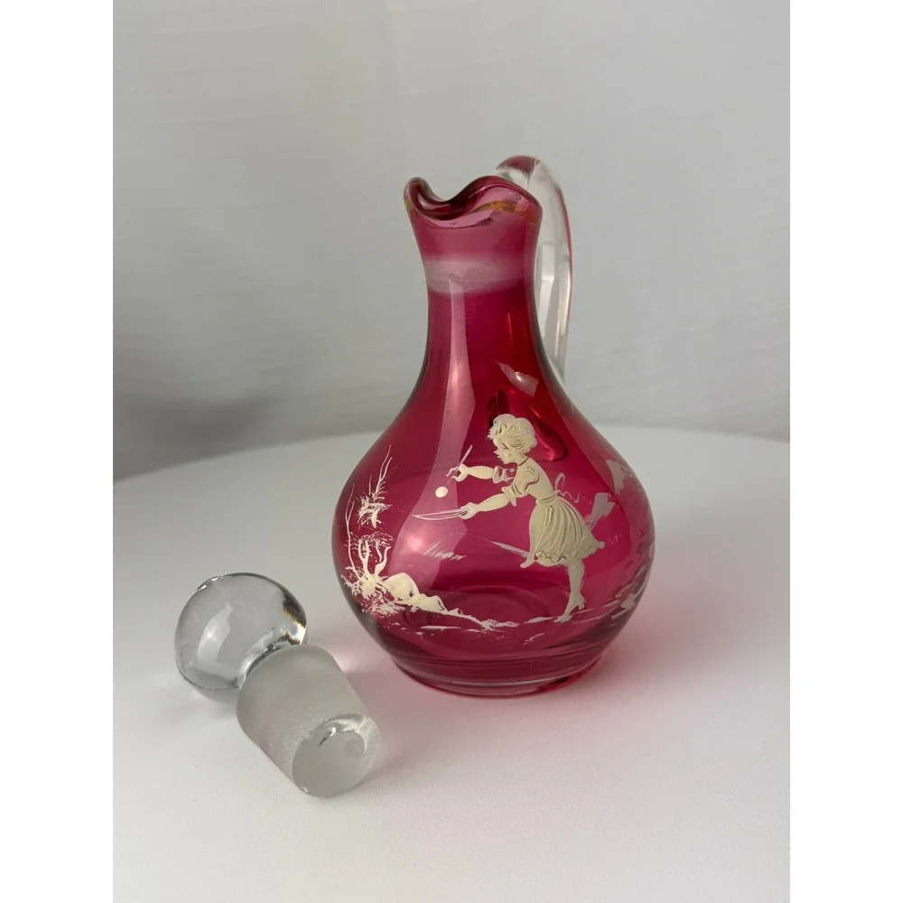 Vintage Mary Gregory Style Cranberry Glass Decanter Pink Enamel Girl 7.5in Good